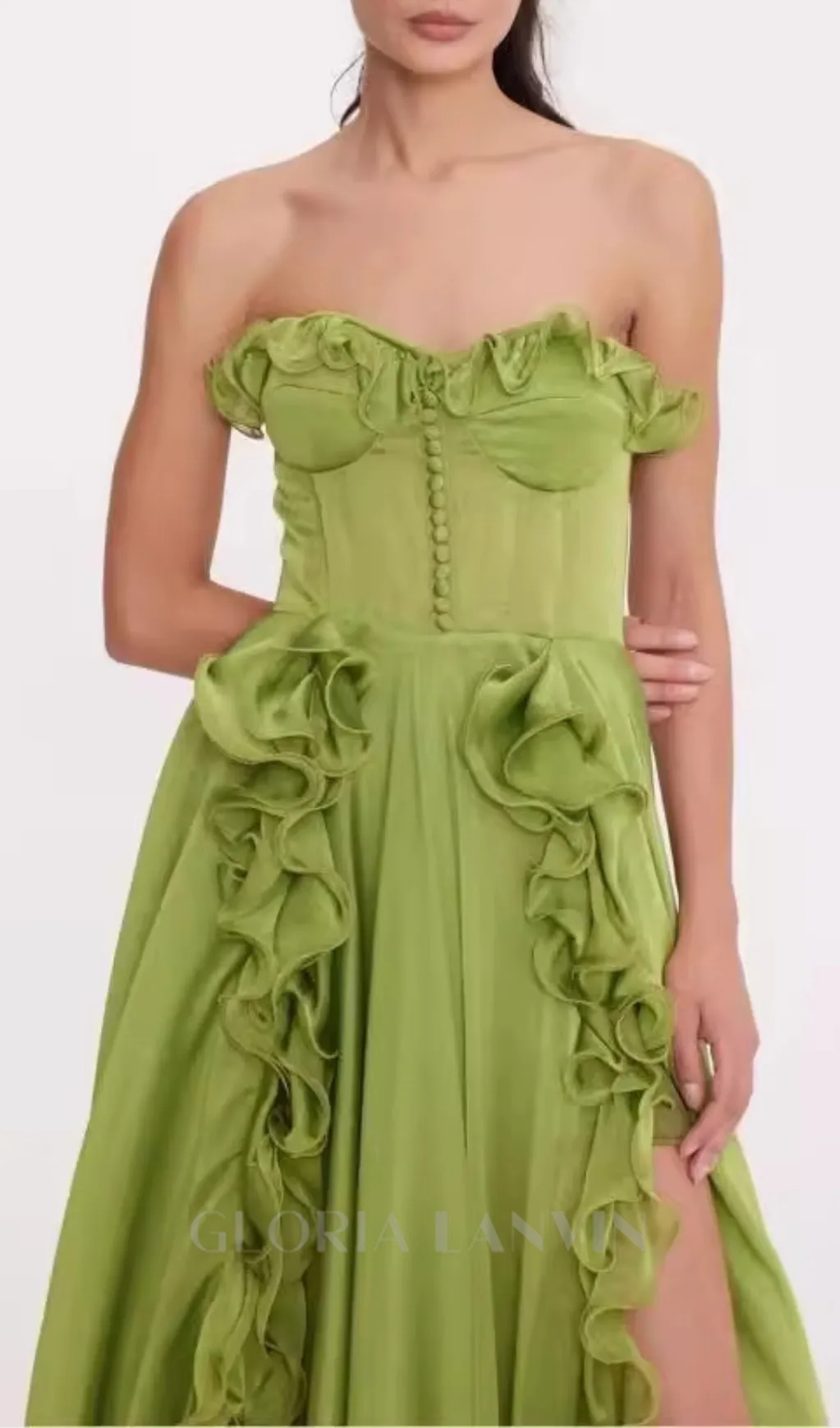 ZONA FRILL SWEETHEART NECK SLEEVELESS MAXI DRESS IN GREEN Gloria Lanvin