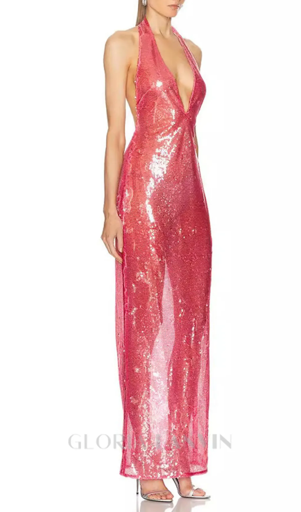 ZORA SHEER SEQUIN DEEP V NECK GOWN IN PINK RED Gloria Lanvin