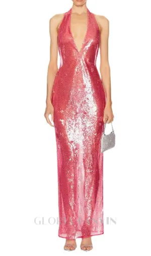 ZORA SHEER SEQUIN DEEP V NECK GOWN IN PINK RED Gloria Lanvin