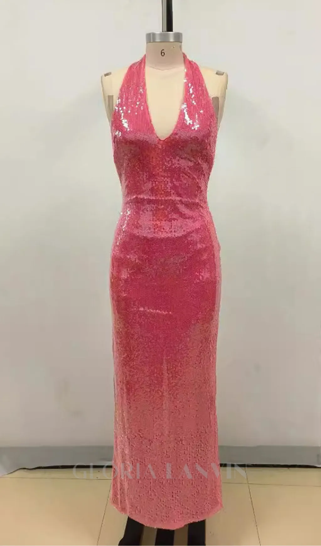 ZORA SHEER SEQUIN DEEP V NECK GOWN IN PINK RED Gloria Lanvin